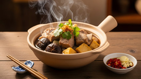 A steaming clay pot filled with savory pork rib soup mushrooms and tofu garnished with fresh coriander. This traditional Asian dish often known as Bak Kut Teh is served with side dishes of chili and garlic on a wooden table.の素材