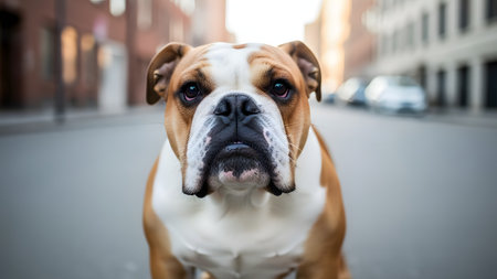 A close-up portrait of an English Bulldog standing on a paved city street with a blurred urban background. The dog stares directly at the camera with a serious yet cute expression showing its distinctive wrinkles and brown and white coat.の素材