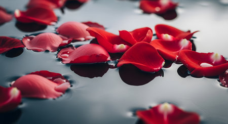 Deep red rose petals floating gently on the surface of calm, dark water. The soft lighting and reflections create a moody, romantic, and spa-like atmosphere suitable for wellness or love themes.の素材