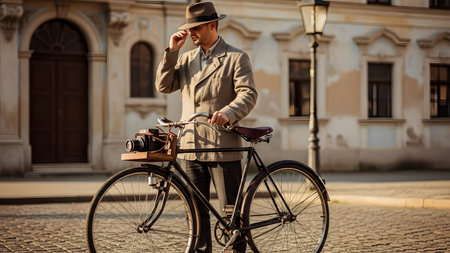 A man in a vintage suit and fedora stands next to a classic bicycle equipped with an old-fashioned box camera mounted on the front basket, suggesting a historical photographer. The scene is set on a cobblestone street in an old European town square, evoking a nostalgic, retro travel theme.の素材