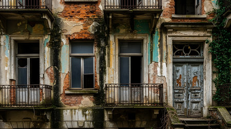 A close-up of the facade of an old, abandoned European apartment building showing decay, featuring crumbling brick, peeling plaster, broken windows, and mossy wrought-iron balconies. The brightly-colored decay and the ornate, yet neglected, entrance door create a moody and textured urban scene.の素材