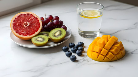 A vibrant still life showcases a selection of fresh, colorful **tropical fruits** on a **white marble countertop**, including half a pink grapefruit, kiwi slices, mango cut into cubes, red grapes, and blueberries. A glass of lemon water is also featured, highlighting healthy eating.の素材