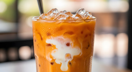 A close-up shot of a glass of refreshing Thai Iced Tea (Cha Yen), characterized by its distinctive orange color, topped with crushed ice and a swirl of creamy condensed milk dripping down the side. Condensation beads on the glass, indicating a cold, sweet, and authentic Asian beverage.の素材