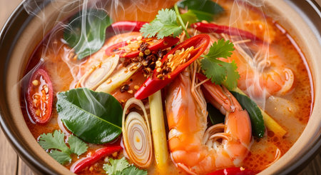 A clay pot filled with spicy Tom Yum Kung soup, featuring large prawns and aromatic herbs like lemongrass and chilies. Steam rises from the hot, red broth, showcasing a classic and appetizing Thai dish.の素材