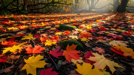 A low-angle shot captures a forest floor completely blanketed in vibrant red, orange, and yellow autumn leaves, with two moss-covered stones prominent in the center. Sunlight breaks through the bare tree canopy, highlighting the rich colors and seasonal beauty of the woods.の素材
