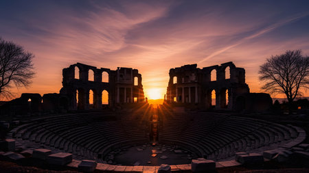 The majestic silhouette of ancient Roman amphitheater ruins stands against a vibrant sunset sky. The sun bursts through the stone arches highlighting the historic architecture and enduring legacy of the past.の素材