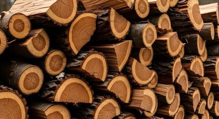 A neatly stacked pile of cut firewood logs showing the cross-section rings and bark texture. The natural wood pattern creates a rustic and textured background.の素材