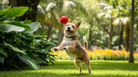 An energetic terrier mix dog leaps into the air to catch a textured red ball in a sunny green park. The playful pet shows pure joy and agility against a blurred background of trees and flowers.の素材