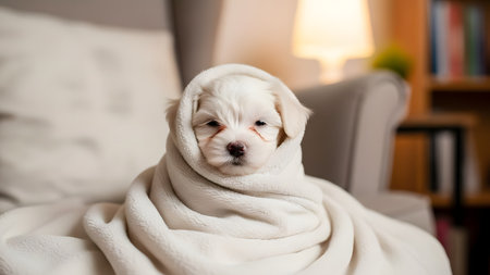 An adorable white Maltese or similar breed puppy is snugly wrapped up like a burrito in a soft, thick white blanket, looking directly at the camera with a sleepy expression. The warm indoor lighting and fuzzy texture emphasize coziness and cuteness.の素材