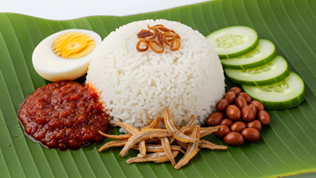 A close-up of a perfectly plated *Nasi Lemak* dish on a banana leaf features a mound of coconut rice, a scoop of red chili *sambal*, sliced cucumbers, roasted peanuts, and crispy fried anchovies, alongside a half hard-boiled egg.の素材