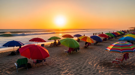 A lively beach scene at sunset, packed with colorful umbrellas and people enjoying the ocean view. The warm sun dips towards the horizon, casting a golden glow over the waves and the bustling holiday atmosphere.の素材