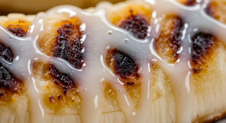An extreme close-up captures a section of toasted or grilled banana drizzled heavily with a sweet, thick **condensed milk glaze**. The high-contrast image shows the caramelized, dark spots of the banana against the smooth, white texture of the sauce.の素材