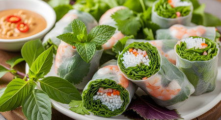 A close-up of vibrant Vietnamese fresh spring rolls (Goi Cuon), tightly wrapped in rice paper with shrimp, vermicelli noodles, carrots, and abundant green lettuce/herbs. The rolls are served on a white platter with a side of peanut dipping sauce garnished with chili.の素材
