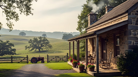 A rustic stone farmhouse featuring a wooden porch with rocking chairs and potted geraniums overlooking a rolling green landscape. A red vintage tractor sits in the yard completing the idyllic and peaceful country living scene.の素材