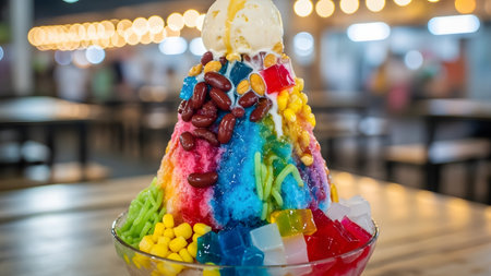 A towering, colorful bowl of Malaysian/Southeast Asian Ice Kacang (also known as ABC) features shaved ice drizzled with various syrups and condensed milk, topped with red beans, sweet corn, jelly, and a scoop of vanilla ice cream. The dessert is captured close-up with a blurred night market background.の素材