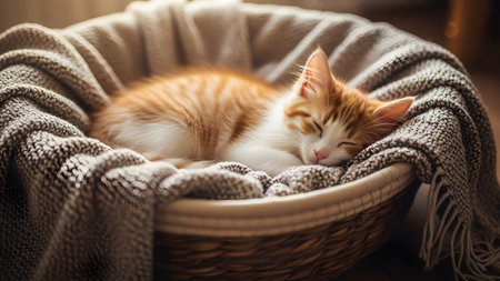 A sleeping ginger and white kitten curled up comfortably in a wicker basket lined with a soft knit blanket. The peaceful scene highlights the warmth and coziness of a resting pet in a home setting.の素材