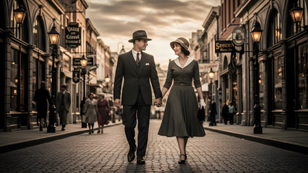 A vintage-dressed couple, a man in a dark suit and hat and a woman in a dress and cloche hat, walk hand-in-hand down a cobbled European city street, lined with old-world storefronts and street lamps. The sepia-toned image evokes a classic, romantic, and nostalgic mood from the 1930s-1940s.の素材