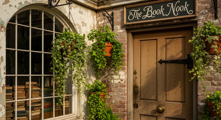 The quaint, rustic exterior of an old bookstore named **'The Book Nook'** features an arched, multi-paned window behind which stacks of books are visible. The weathered brick facade and wooden door are decorated with hanging ivy and climbing plants, creating a charming, vintage atmosphere.の素材