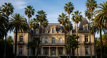 A grand, pale-colored neoclassical French mansion with a complex roofline and decorative details stands tall, surrounded by rows of mature, imposing palm trees under a blue sky. The scene suggests a luxurious, historic property on the French Riviera.の素材