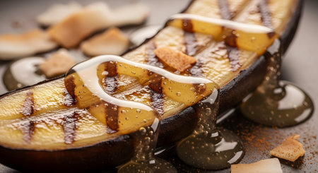 A close-up of a grilled banana dessert topped with sweet syrup and toasted coconut flakes. The grill marks and glistening sauce highlight the warm and delicious texture of this tropical treat.の素材