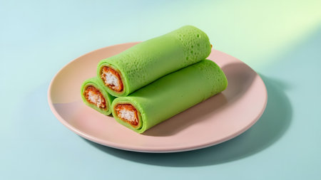 Three rolls of bright **green *Kueh Dadar***, a Malaysian or Indonesian dessert crepe flavored with pandan, are plated on a pastel pink plate. The crepes are filled with a sweet grated coconut and palm sugar mixture (*inti*), set against a light blue background.の素材