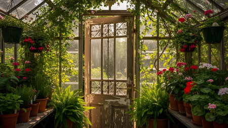 The interior of a charming, rustic **greenhouse** is bathed in bright sunlight streaming through the glass panels, illuminating an old wooden door in the center. The space is filled with lush greenery, including ferns, hanging plants, and pots of pink and red blooming flowers.の素材