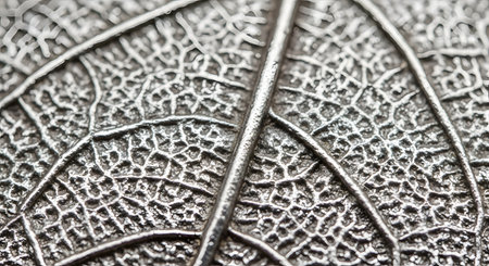 An extreme macro close-up of a dried skeleton leaf showing the intricate network of veins. The silver-toned texture highlights the delicate and complex structure of nature.の素材