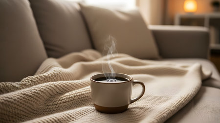 A steaming mug of hot, dark coffee rests on a thick, creamy white knitted blanket draped over a neutral-colored sofa in a softly lit living room. The rising steam and soft textures convey a sense of comfort, relaxation, and a cozy moment indoors.の素材