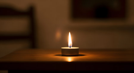 A single, small tea light candle is burning brightly on a dark wooden table in a dimly lit room, casting a warm glow and a reflection on the polished surface. The simple composition and soft focus background create a calming, intimate, and solitary atmosphere.の素材