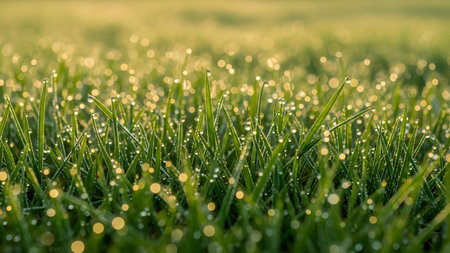 An extreme close-up of vibrant green grass blades, each topped with sparkling droplets of morning dew or water, creating a natural bokeh effect in the golden sunlight. The low angle emphasizes the moisture, freshness, and growth of the early morning nature scene.の素材
