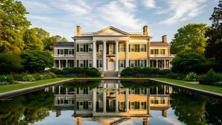 A grand, neoclassical white mansion with tall columns, green shutters, and a well-manicured garden is perfectly reflected in the still, rectangular ornamental pond in the foreground. The symmetrical composition, bathed in the soft glow of a low sun, suggests luxury, elegance, and historic architecture.の素材