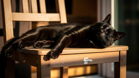 A sleek, **black cat** is captured blissfully **lounging** and sleeping on a light-colored wooden chair, basking in a strong beam of **sunlight**. The dramatic shadows and golden light emphasize the relaxed pose and the cat's shiny fur against the chair's texture.の素材