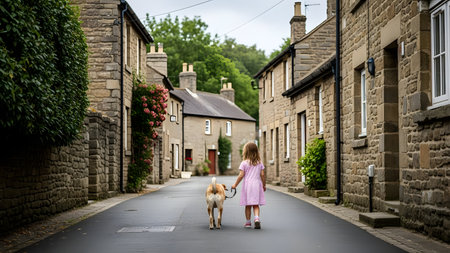 A little girl in a pink dress walks her medium-sized brown dog on a leash down a narrow, cobbled street lined with **old stone houses** in a traditional European village. The scene is peaceful and rustic, suggesting a relaxed countryside life.の素材