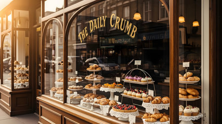 The window of a charming bakery, 'The Daily Crumb,' showcases an array of freshly baked pastries, including croissants, tarts, and cupcakes, arranged on tiered stands. The warm interior lighting and wooden frame create an inviting, mouth-watering street scene.の素材