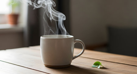 A minimalist still life features a white ceramic coffee mug with a visible stream of steam rising from a hot beverage, set on a natural wooden table alongside a small green leaf. The soft, natural light from a window creates a calm, cozy atmosphere, perfect for a morning ritual.の素材