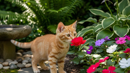 A cute orange tabby kitten with big green eyes is shown up-close in a lush garden, cautiously sniffing a large red rose. The kitten is surrounded by colorful flowers, ferns, and river stones, capturing a moment of natural curiosity and domestic life outdoors.の素材