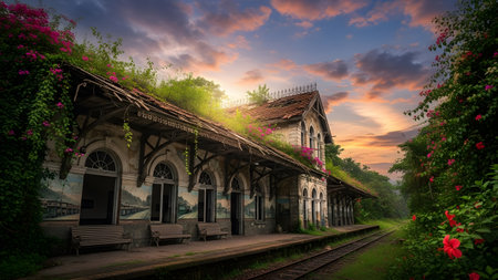An ethereal image of an **abandoned, colonial-era train station** building with a tiled roof, overgrown with flowering pink vines and green foliage. The scene is captured at sunset with dramatic clouds, highlighting the decay and romantic history of the railway tracks and derelict platform benches.の素材