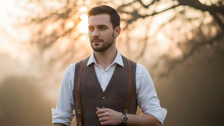 A handsome young man with a neat beard and vintage-style attire, including a white shirt, a tweed vest, and leather suspenders, poses outdoors at sunset. The golden backlighting and blurred background create a warm, cinematic, and fashionable portrait.の素材