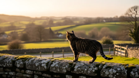 A striped tabby cat stands alert on a moss-covered stone wall, back-lit by the low evening sun, overlooking the green, undulating hills of the English countryside. The scene conveys a peaceful, rural atmosphere and a sense of natural exploration.の素材