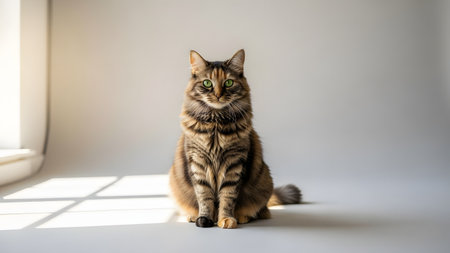 A striking long-haired tabby cat with brilliant green eyes sits patiently on a light gray floor in a studio or home setting, illuminated by natural light streaming in from a side window. The focused gaze and dramatic lighting create an appealing pet portrait.の素材