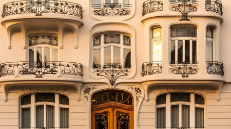 The highly ornate facade of a European Art Nouveau (Jugendstil) building features flowing, organic lines around the arched windows, carved wooden doors, and intricate wrought iron railings on the balconies. The light stone and dark wood create an elegant, historic architectural style.の素材