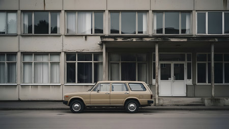 A vintage, light-brown or beige station wagon car is parked on a quiet street in front of a monolithic, brutalist-style concrete building with rows of repetitive windows. The overall scene evokes a minimalist, historical, or Eastern European atmosphere.の素材