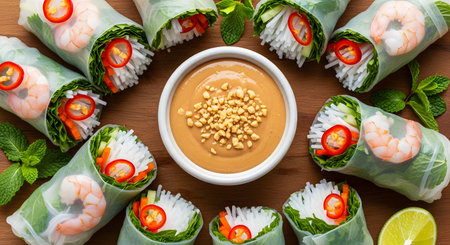 An overhead shot of a platter of fresh Vietnamese summer rolls (Gá»i Cuá»n), filled with shrimp, herbs, rice vermicelli, and vegetables, arranged around a central bowl of peanut dipping sauce garnished with peanuts. The composition is vibrant, fresh, and highlights healthy Asian cuisine.の素材