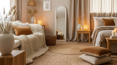 A beautifully styled open-concept living room and bedroom corner features neutral and earth tones, natural fibers like rattan and jute, and soft textured textiles. The interior design emphasizes comfort, warmth, and a cozy, bohemian aesthetic with soft lighting.の素材