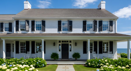 A beautiful, classic two-story beach house with shingle siding, black shutters, and a wide covered porch with white rocking chairs, overlooks the ocean. The front yard is lush with green grass and white and blue hydrangea bushes under a bright blue sky.の素材