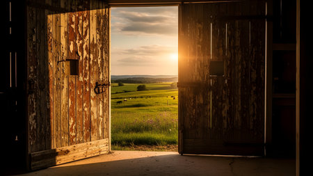 A stunning landscape view of a green, rolling countryside field at **sunset** is captured through the wide-open, weathered **wooden doors of a barn**. The warm sun flare highlights the golden field and the silhouette of distant cows.の素材