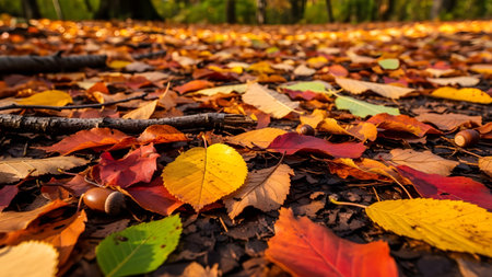 A macro, low-angle close-up showcases a carpet of vibrant autumn leaves in various shades of red, yellow, and brown, mixed with dark soil and acorns on the forest floor. The scene captures the rich texture and warm colors of the fall season.の素材