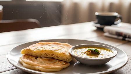 A plate of steaming, flaky Roti Canai or Paratha flatbread, cut open to show the layers, is served with a small bowl of yellow curry sauce, garnished with a curry leaf. The breakfast or snack is set on a wooden table with coffee in the blurred background.の素材
