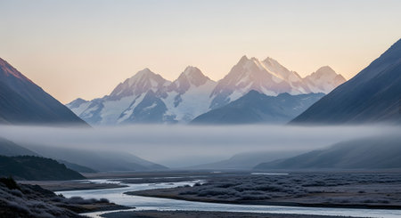 A breathtaking panoramic landscape of a **mountain valley** at sunrise, featuring a winding **river** in the foreground and a layer of **mist or low fog** filling the valley floor. In the background, **snow-capped mountains** are illuminated by the soft, warm light.の素材