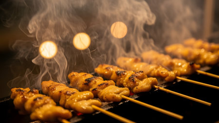 Juicy chicken satay skewers grilling over hot charcoal with visible smoke rising. The meat is glazed with a savory sauce and illuminated by warm bokeh lights in the background capturing the appetizing atmosphere of street food.の素材